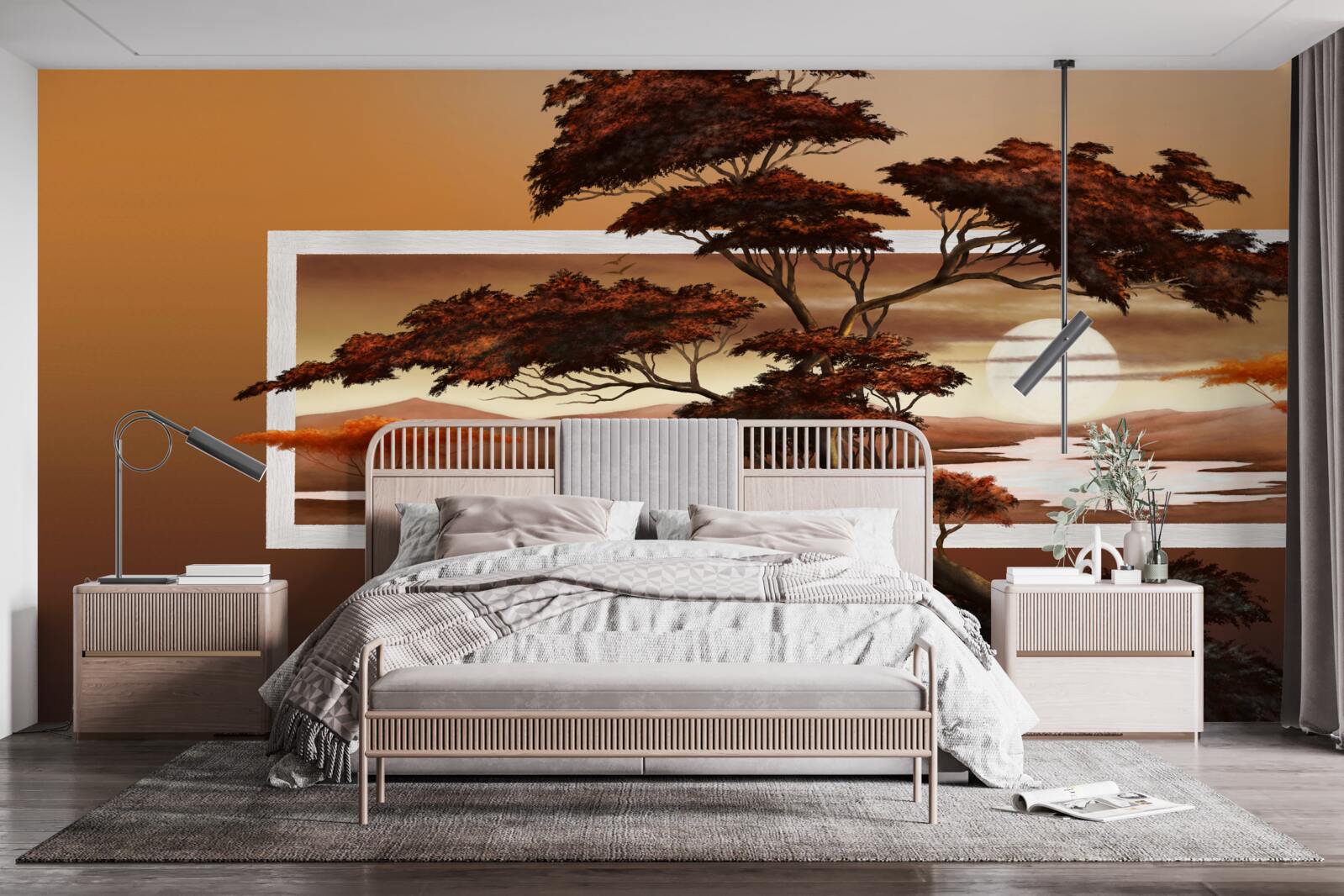 Fototapeta majestátny a svieži strom stojí na pozadí jasného západu slnka