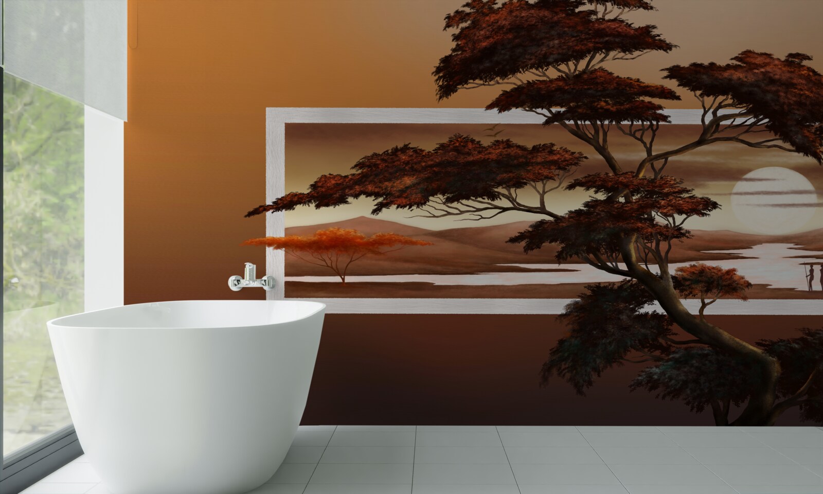 Fototapeta majestátny a svieži strom stojí na pozadí jasného západu slnka