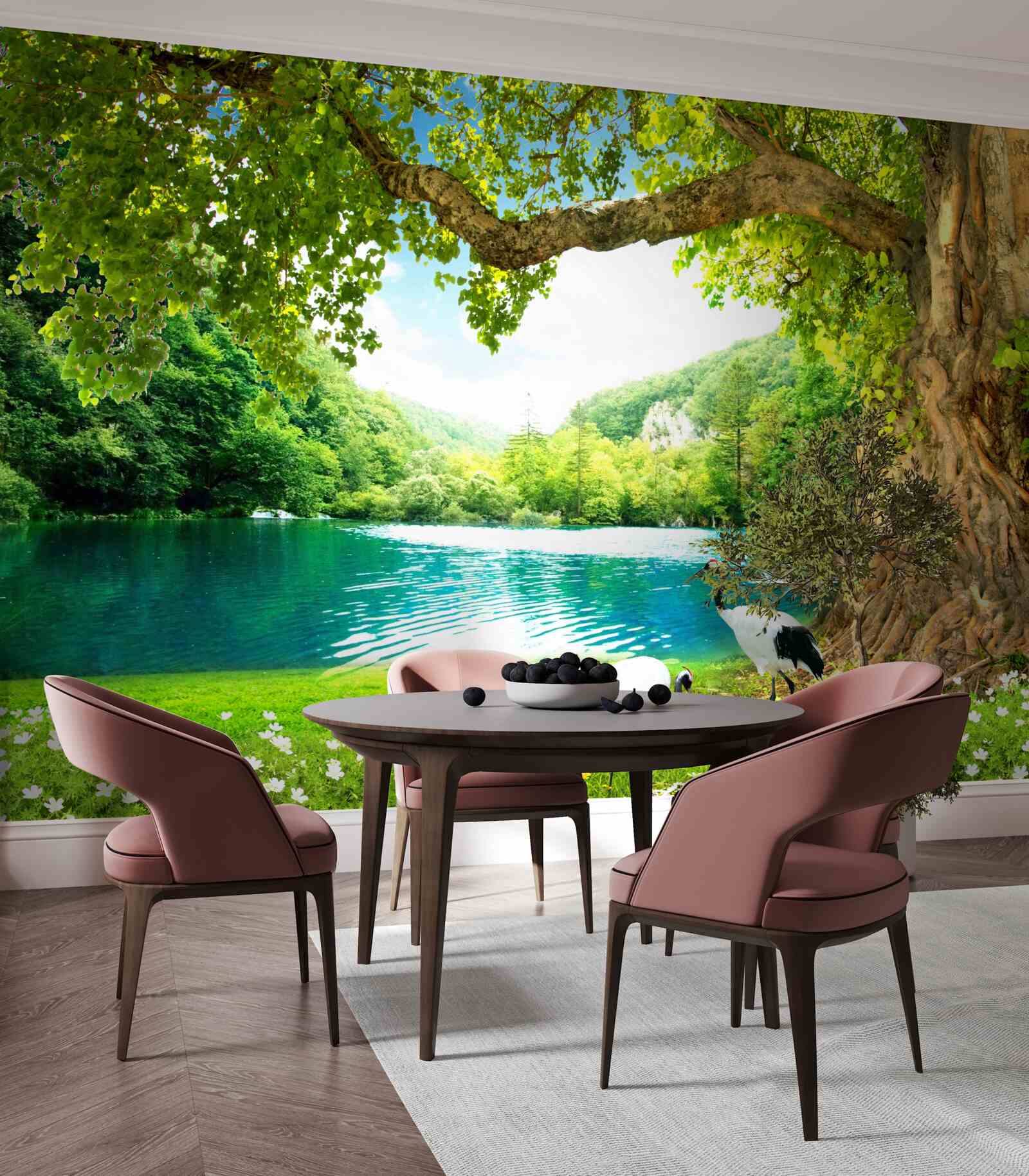 Fototapeta dva žeriavy na poli pri rybníku