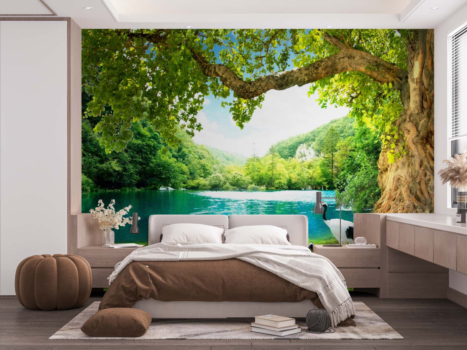 Fototapeta dva žeriavy na poli pri rybníku