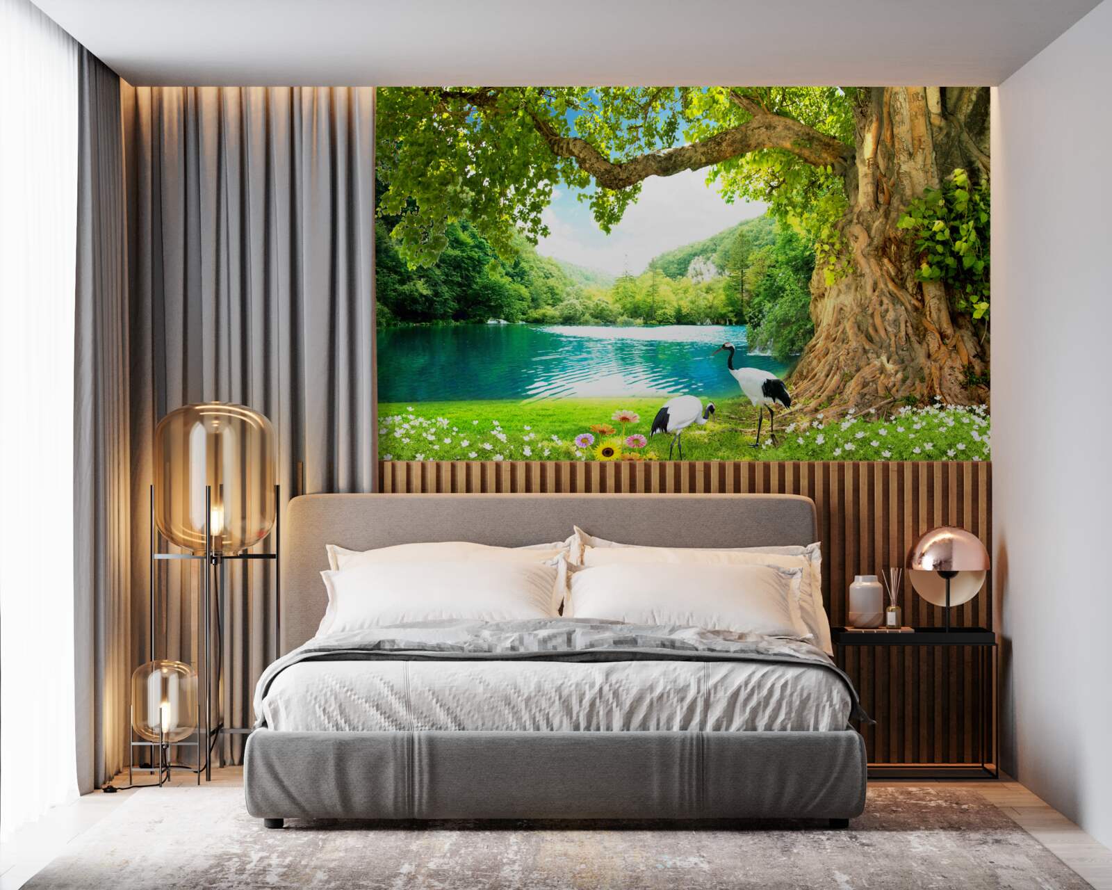 Fototapeta dva žeriavy na poli pri rybníku