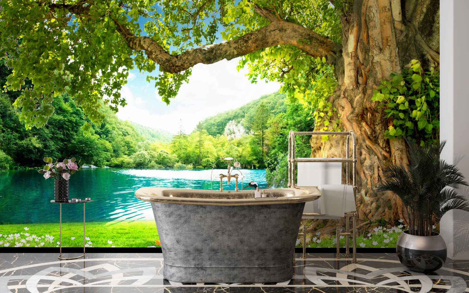 Fototapeta dva žeriavy na poli pri rybníku