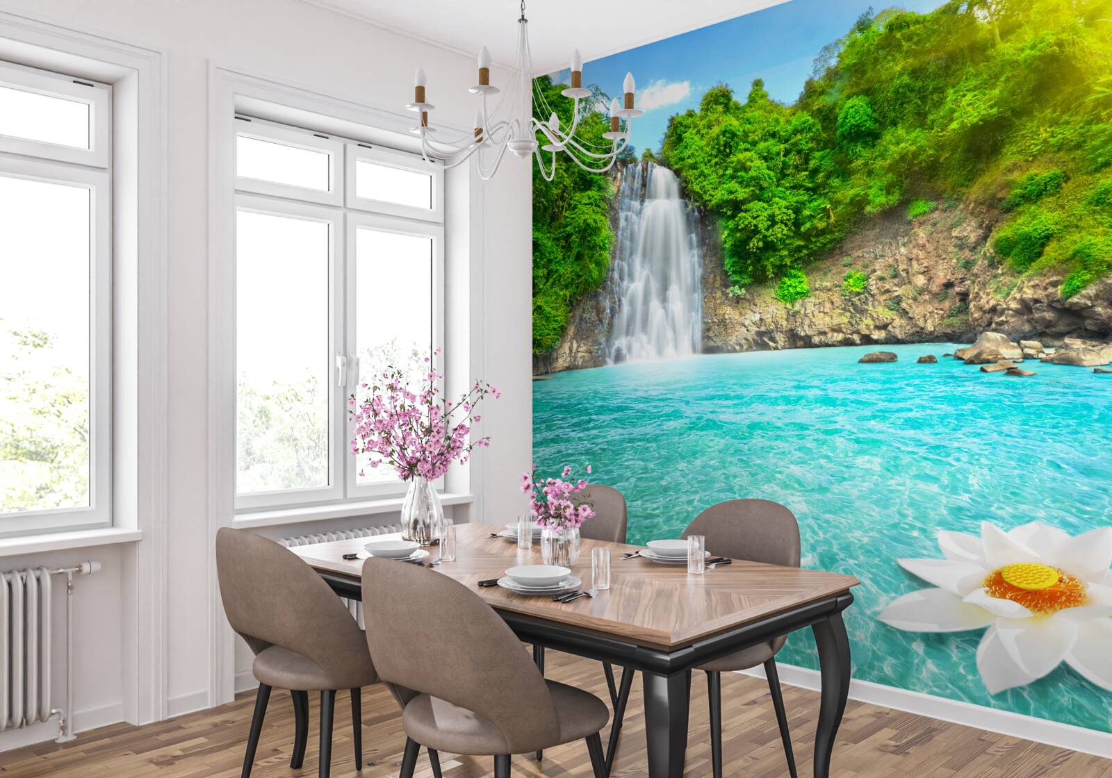 Fototapeta vodopád v horách a zafírové jazero