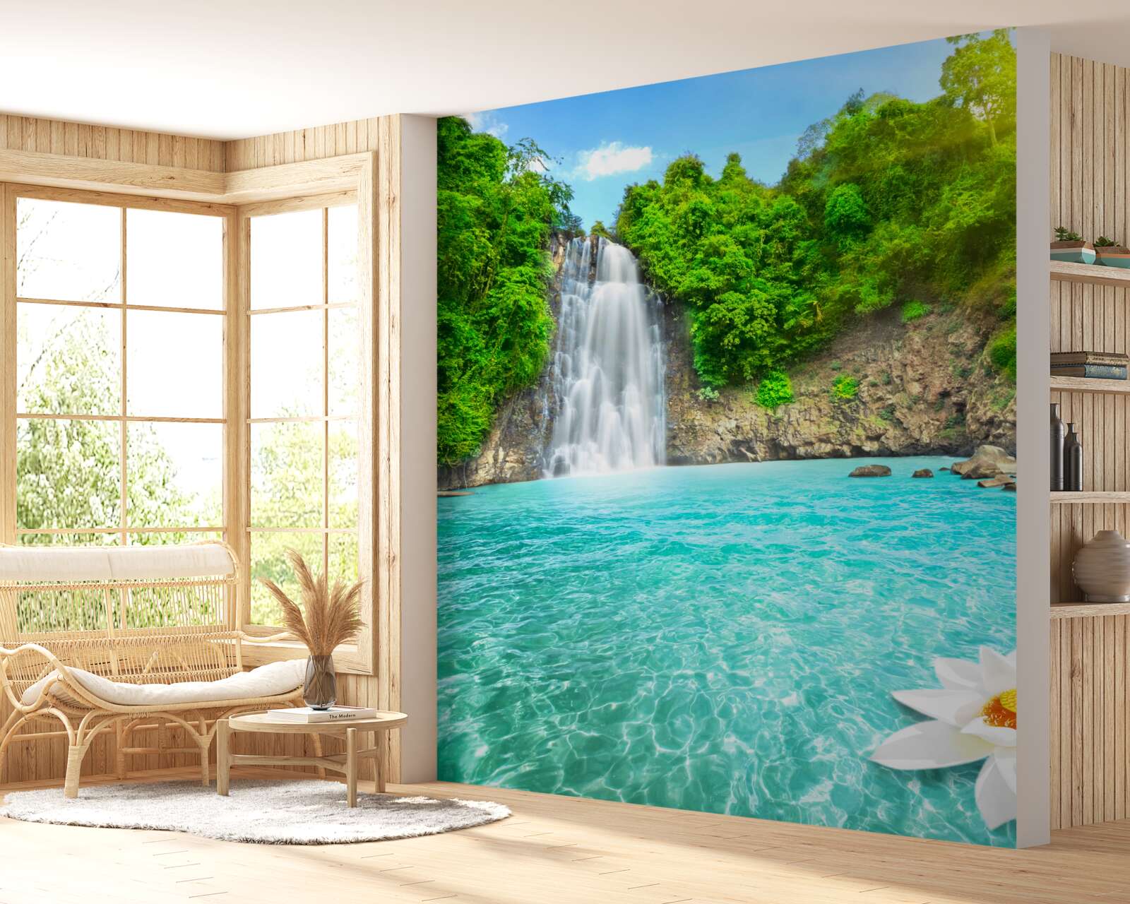 Fototapeta vodopád v horách a zafírové jazero