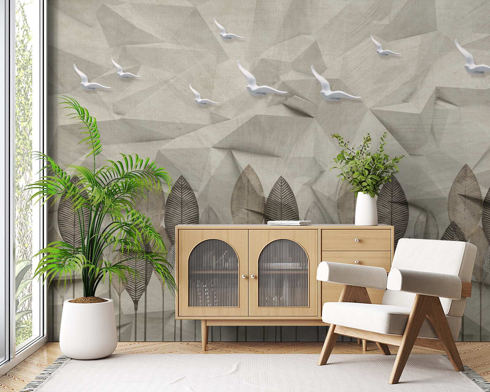 Fototapeta vtáky, ktoré získavajú krídla na lietanie, a jaseňový les