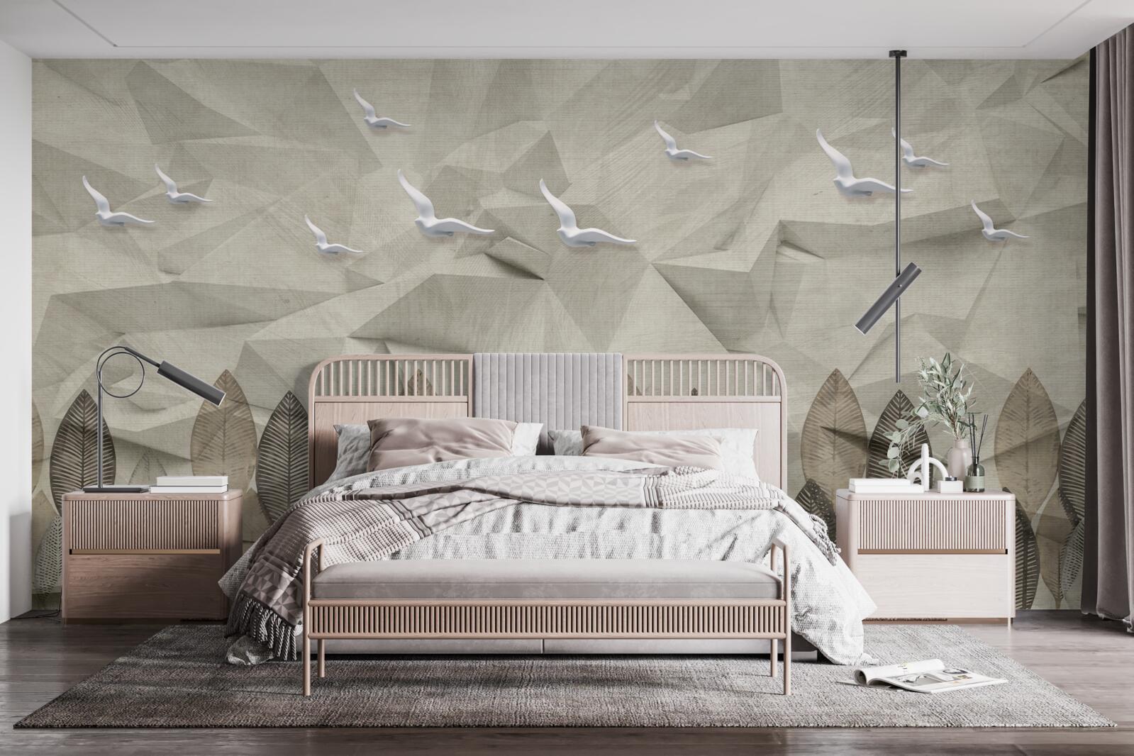 Fototapeta vtáky, ktoré získavajú krídla na lietanie, a jaseňový les