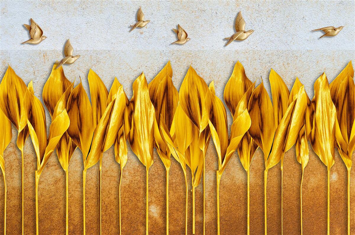 Fototapeta nad krídlami lietajúcich vtákov sa objavuje zlatý jesenný les