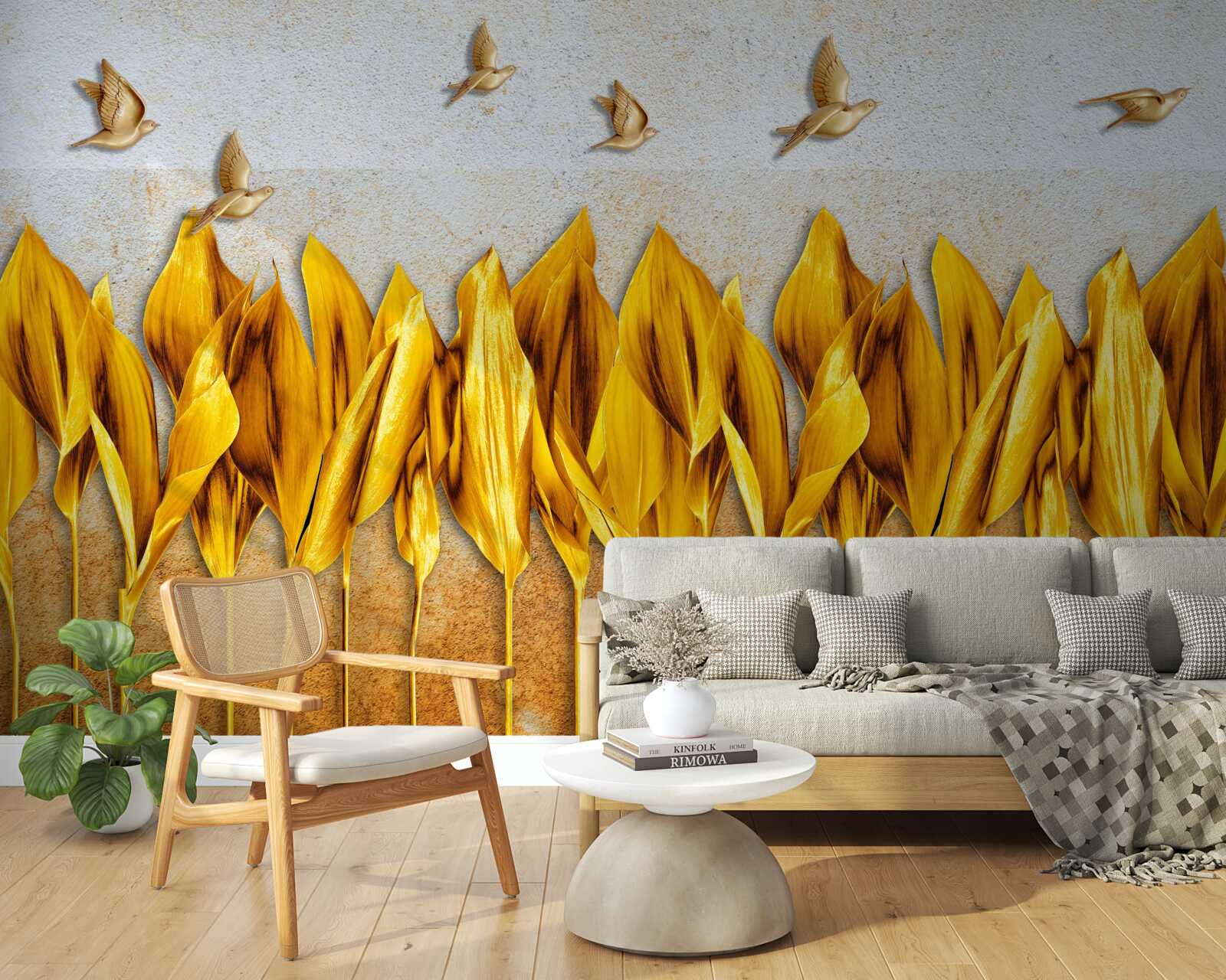 Fototapeta nad krídlami lietajúcich vtákov sa objavuje zlatý jesenný les