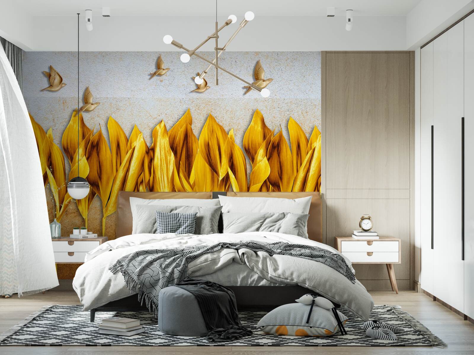 Fototapeta nad krídlami lietajúcich vtákov sa objavuje zlatý jesenný les