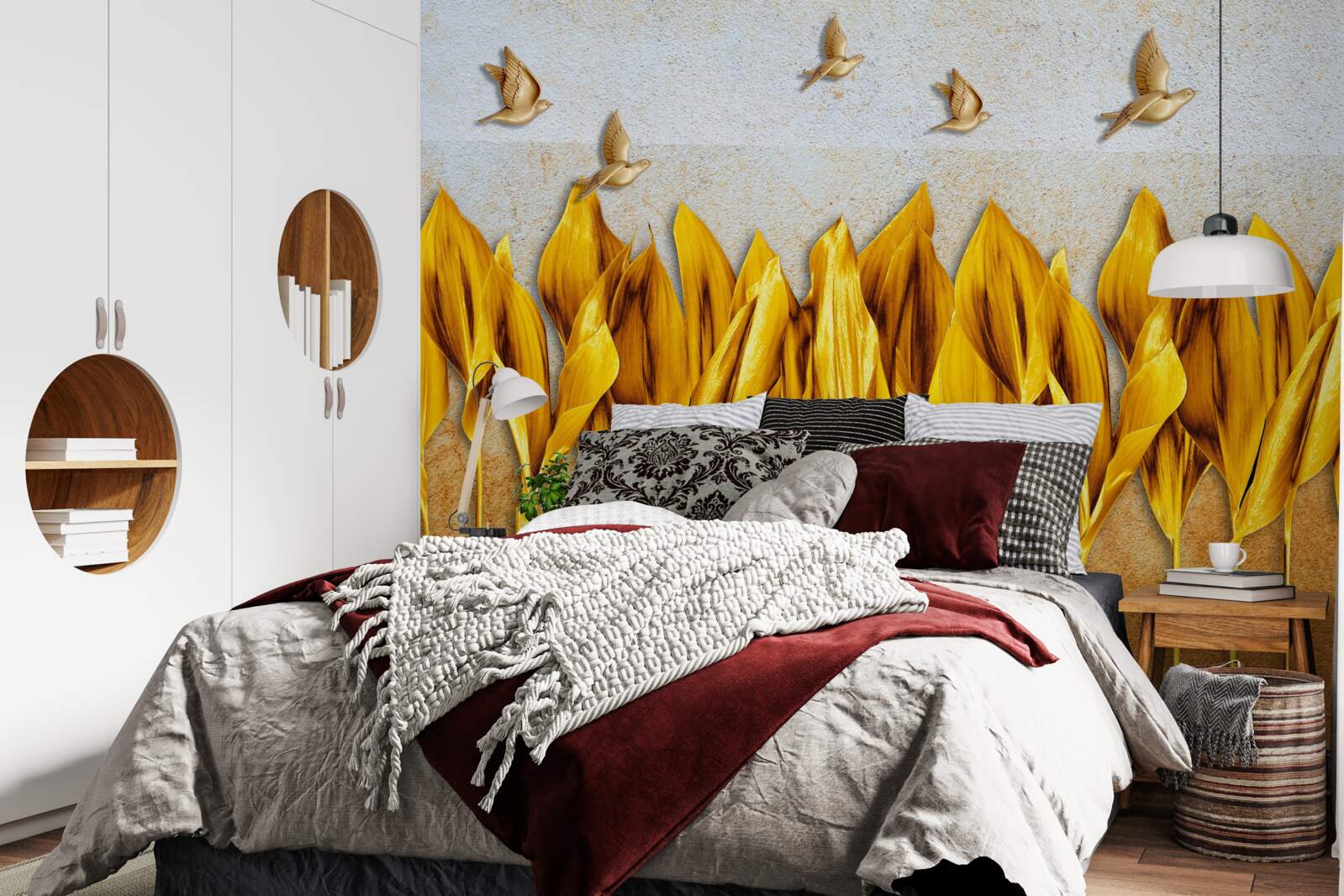 Fototapeta nad krídlami lietajúcich vtákov sa objavuje zlatý jesenný les