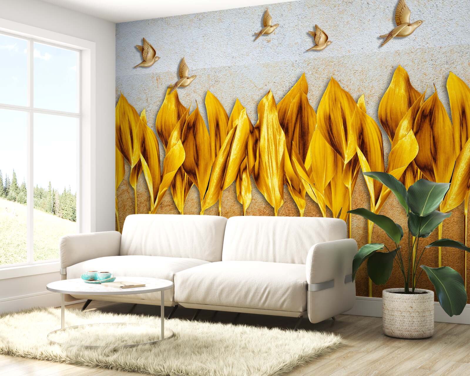 Fototapeta nad krídlami lietajúcich vtákov sa objavuje zlatý jesenný les