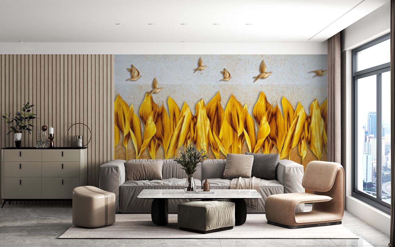 Fototapeta nad krídlami lietajúcich vtákov sa objavuje zlatý jesenný les