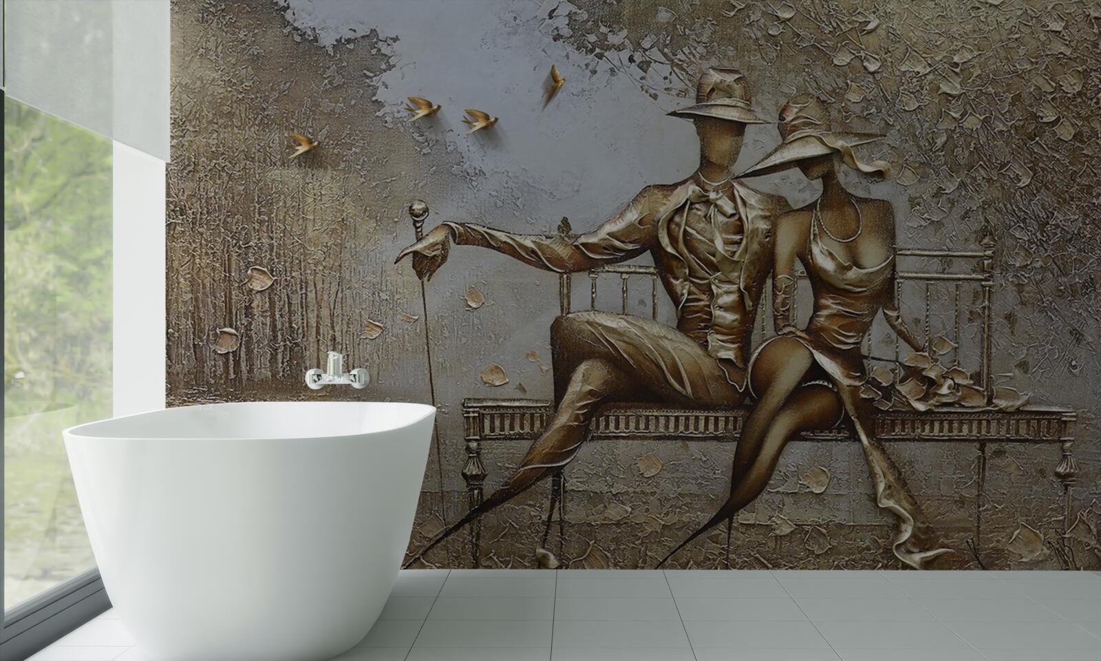 Fototapeta mladí milenci na lavičke počas lejaku