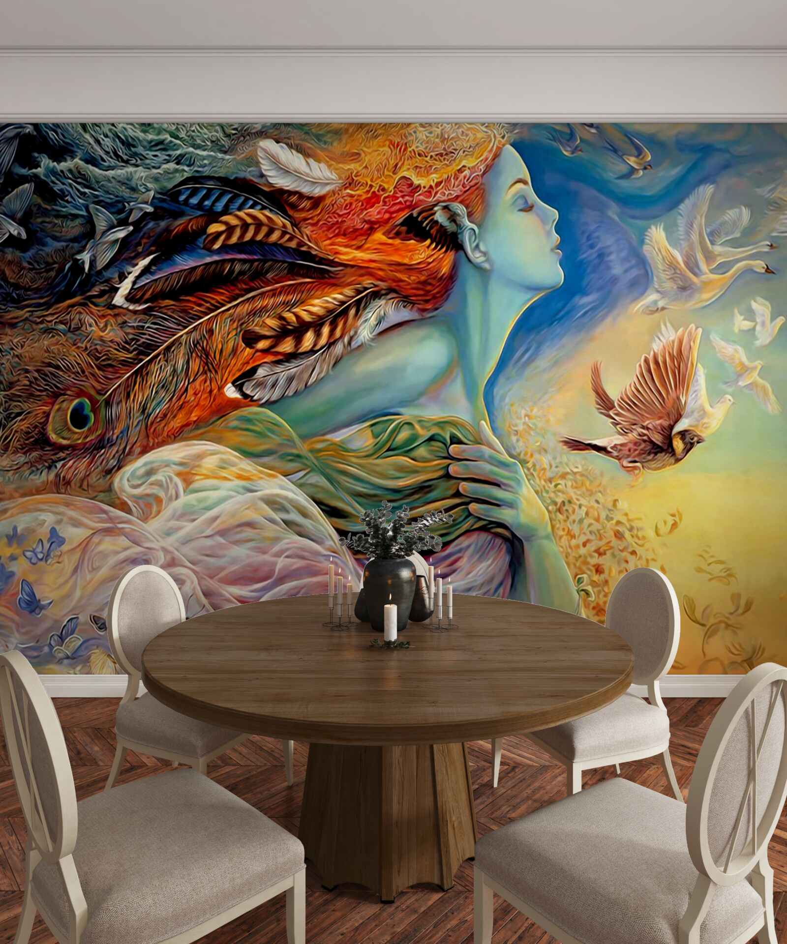 Fototapeta dievča obklopené jesennými kvetmi, kývané vetrom