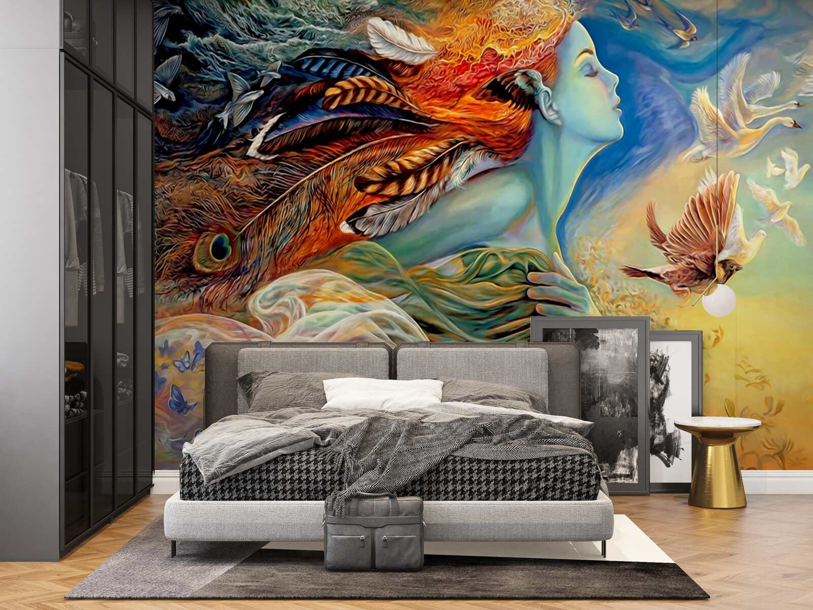 Fototapeta dievča obklopené jesennými kvetmi, kývané vetrom