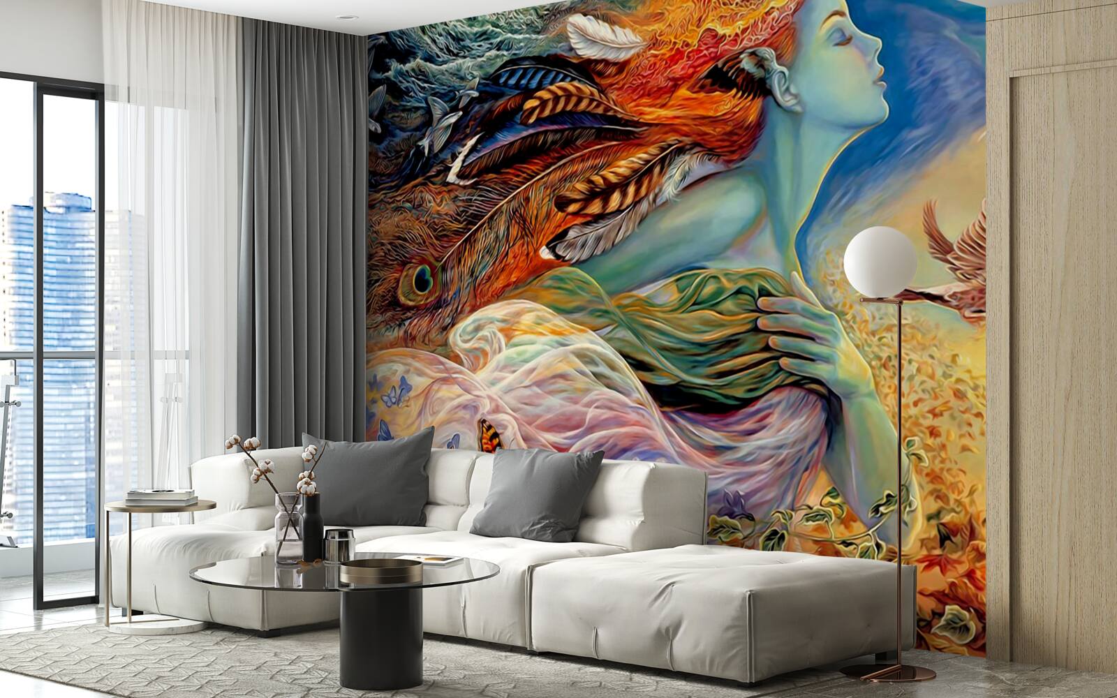 Fototapeta dievča obklopené jesennými kvetmi, kývané vetrom