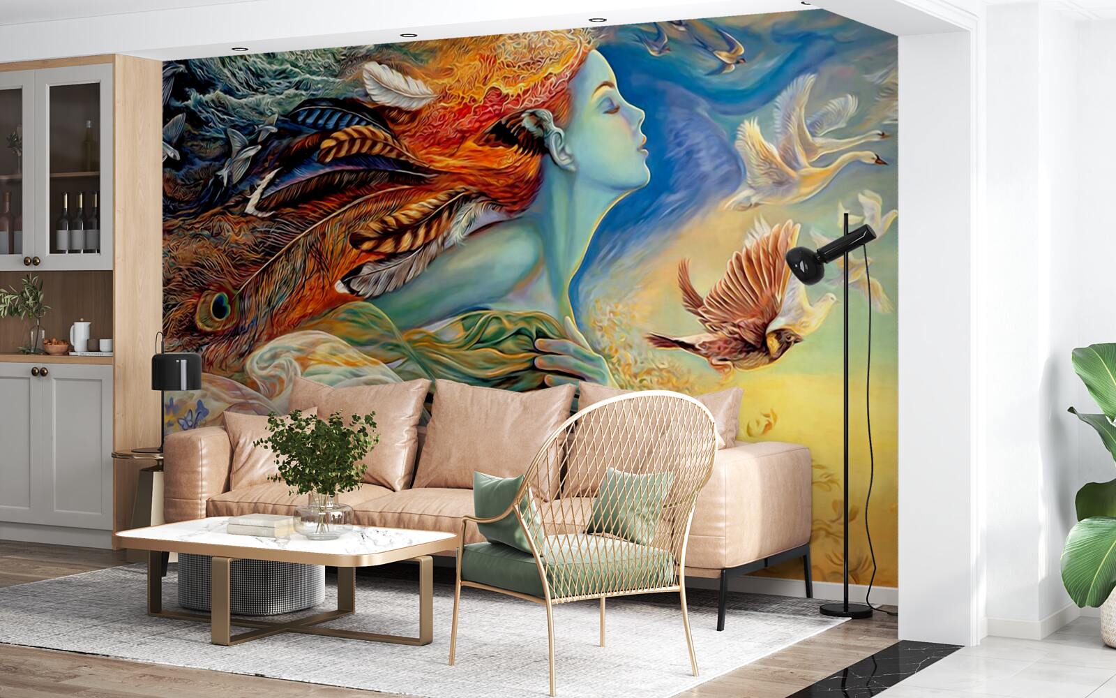 Fototapeta dievča obklopené jesennými kvetmi, kývané vetrom