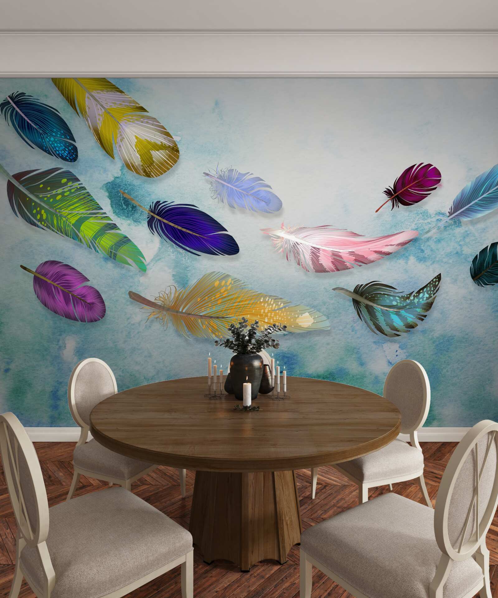 Fototapeta vo vzduchu sa vznášajú pierka rôznych tvarov a odtieňov