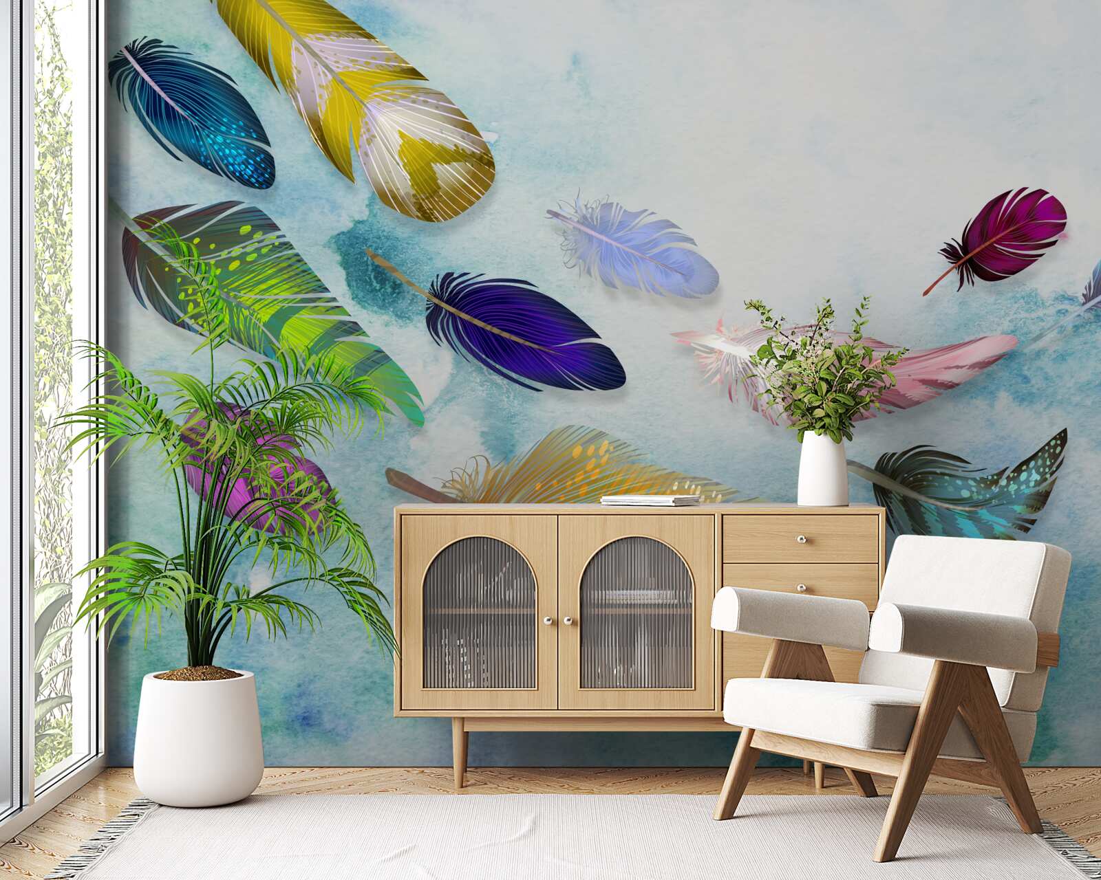 Fototapeta vo vzduchu sa vznášajú pierka rôznych tvarov a odtieňov