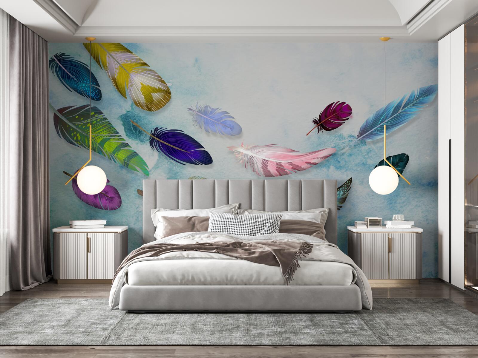 Fototapeta vo vzduchu sa vznášajú pierka rôznych tvarov a odtieňov