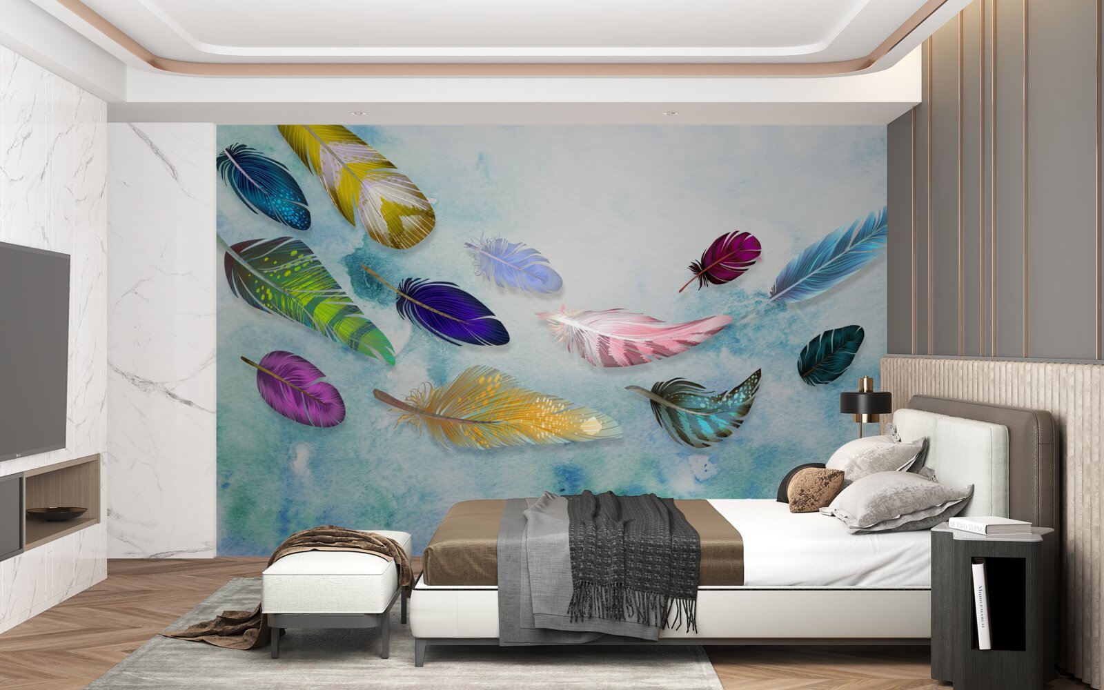 Fototapeta vo vzduchu sa vznášajú pierka rôznych tvarov a odtieňov