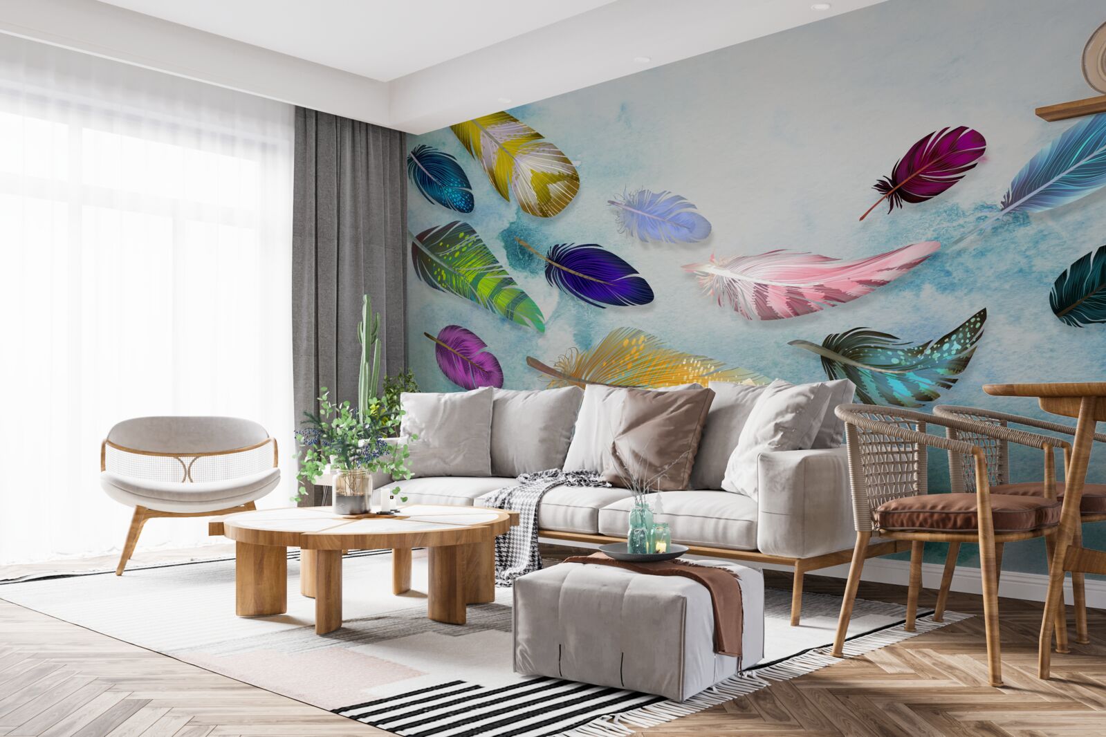 Fototapeta vo vzduchu sa vznášajú pierka rôznych tvarov a odtieňov