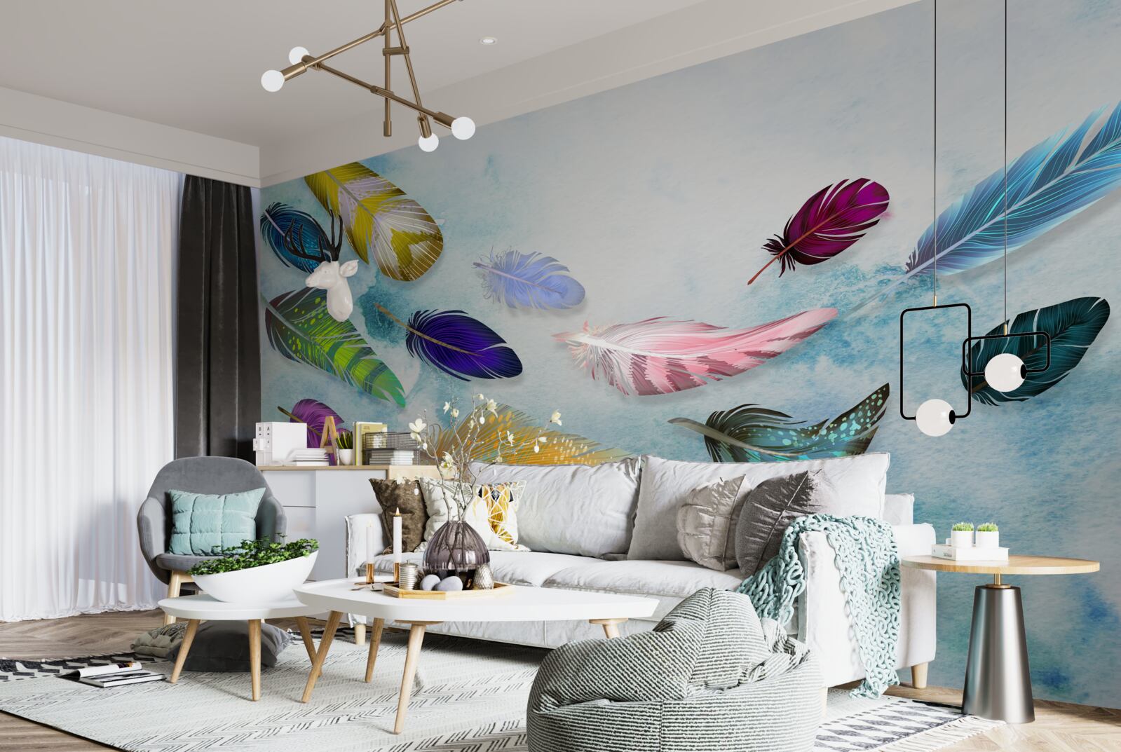 Fototapeta vo vzduchu sa vznášajú pierka rôznych tvarov a odtieňov