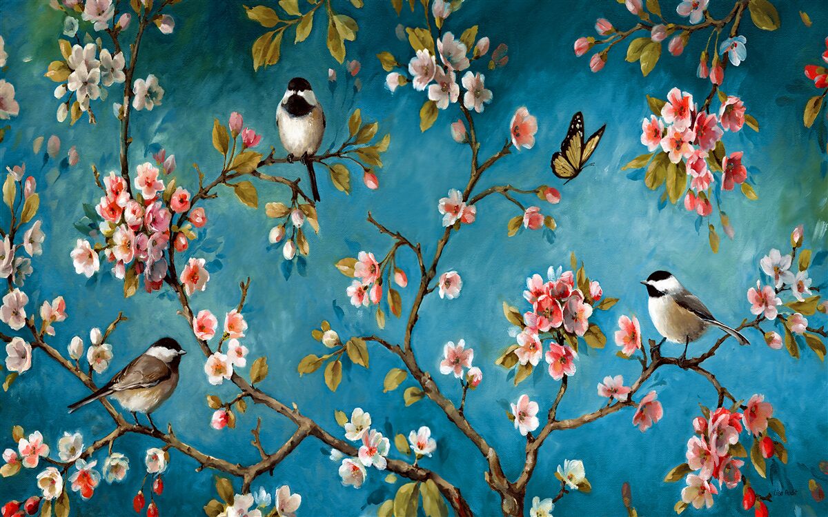 Fototapeta kvitnúce konáre s vtákmi proti azúrovej oblohe