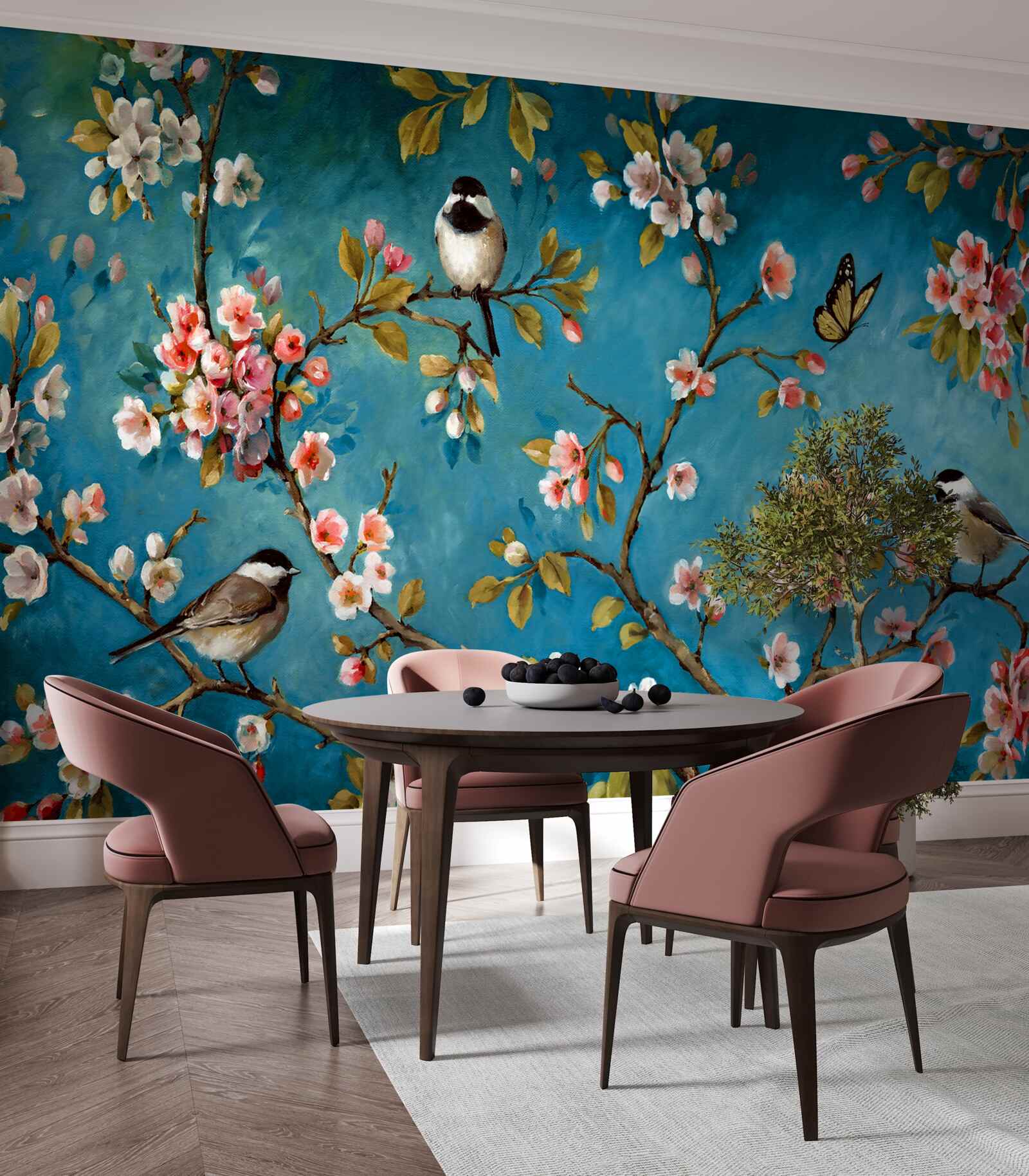 Fototapeta kvitnúce konáre s vtákmi proti azúrovej oblohe