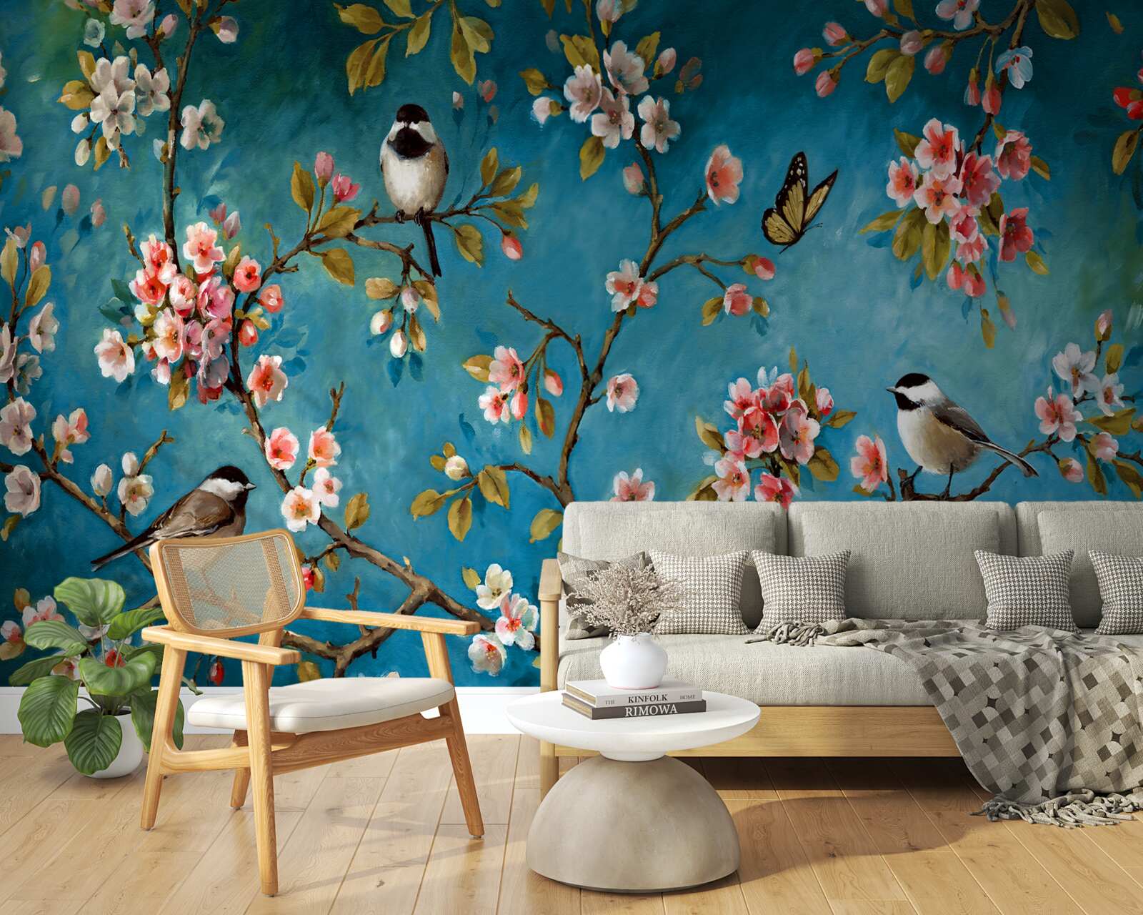 Fototapeta kvitnúce konáre s vtákmi proti azúrovej oblohe