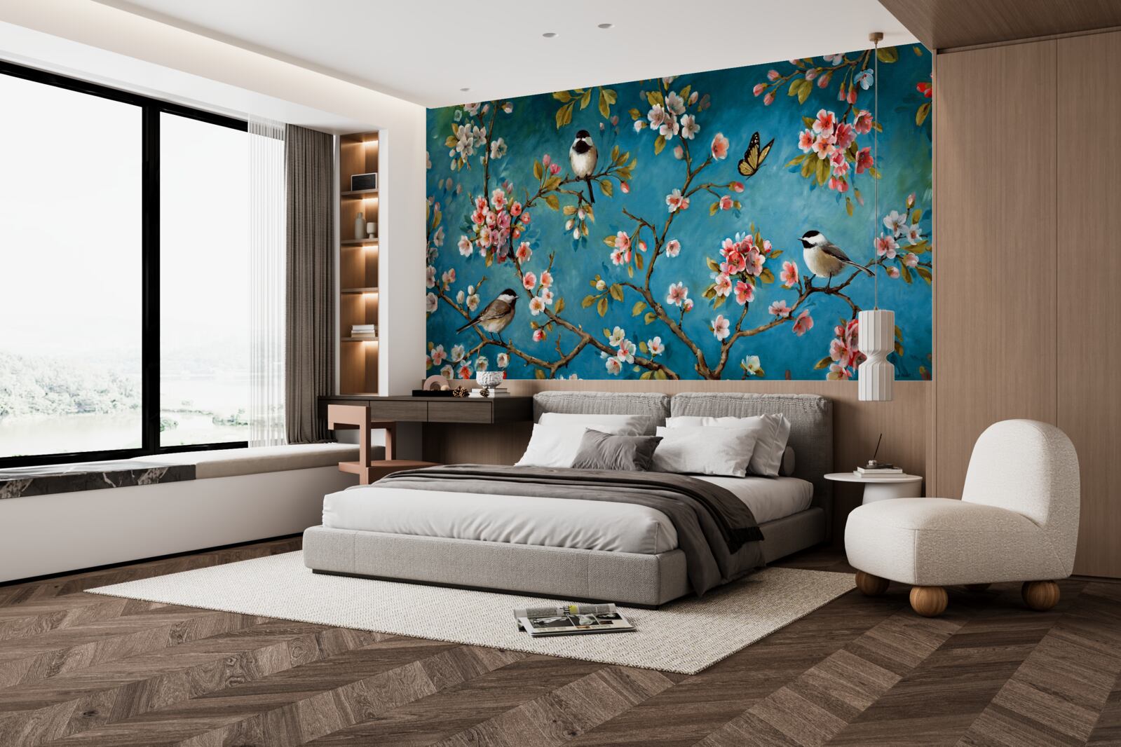 Fototapeta kvitnúce konáre s vtákmi proti azúrovej oblohe