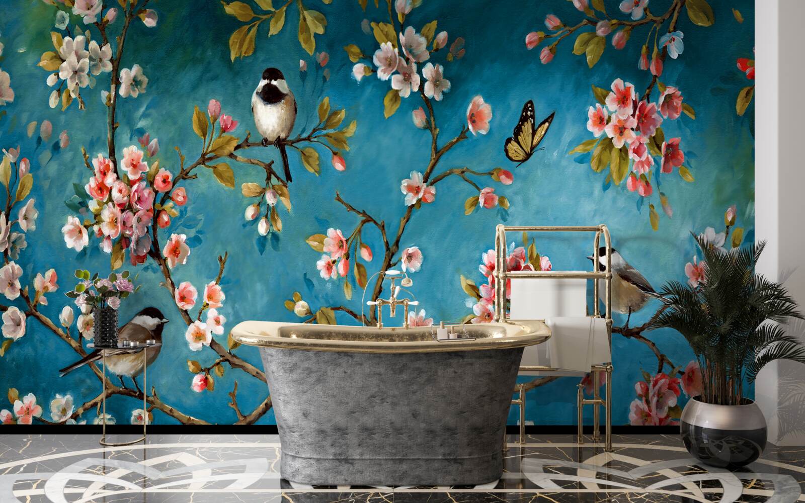 Fototapeta kvitnúce konáre s vtákmi proti azúrovej oblohe