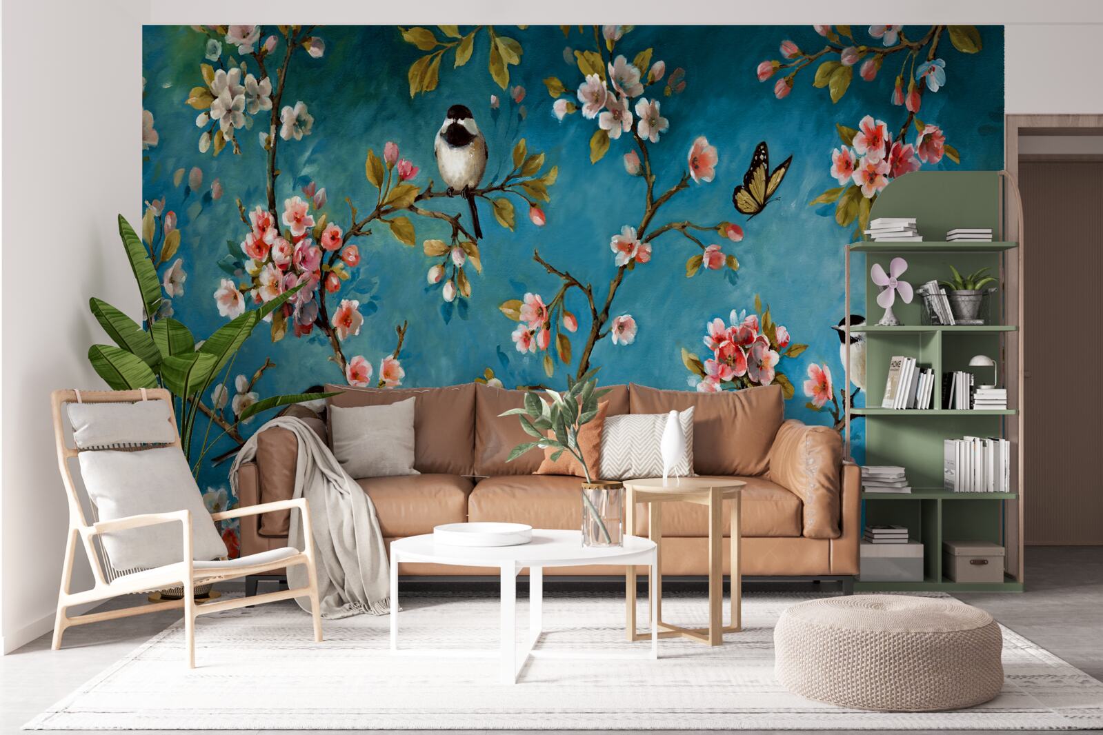 Fototapeta kvitnúce konáre s vtákmi proti azúrovej oblohe