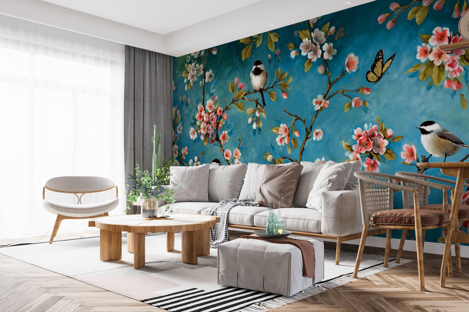 Fototapeta kvitnúce konáre s vtákmi proti azúrovej oblohe