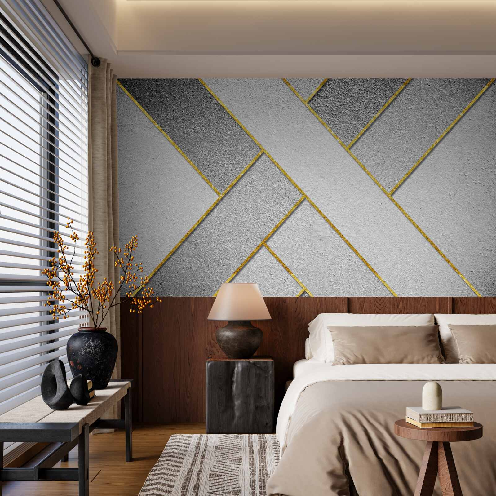 Fototapeta zlaté rovné čiary na sivom pozadí