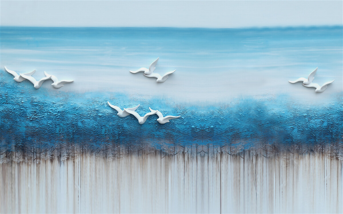 Fototapeta Snehobiele vtáky nad modrastými oblakmi