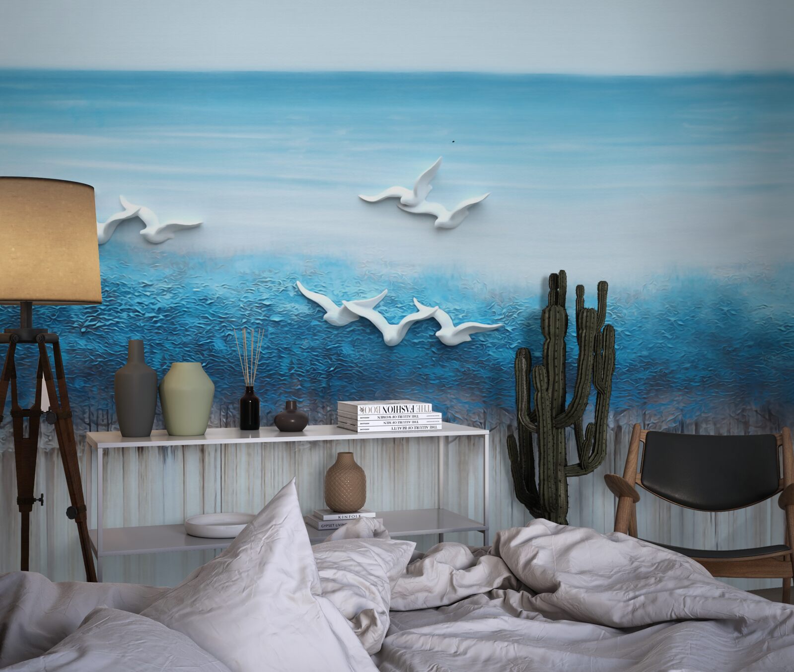 Fototapeta Snehobiele vtáky nad modrastými oblakmi