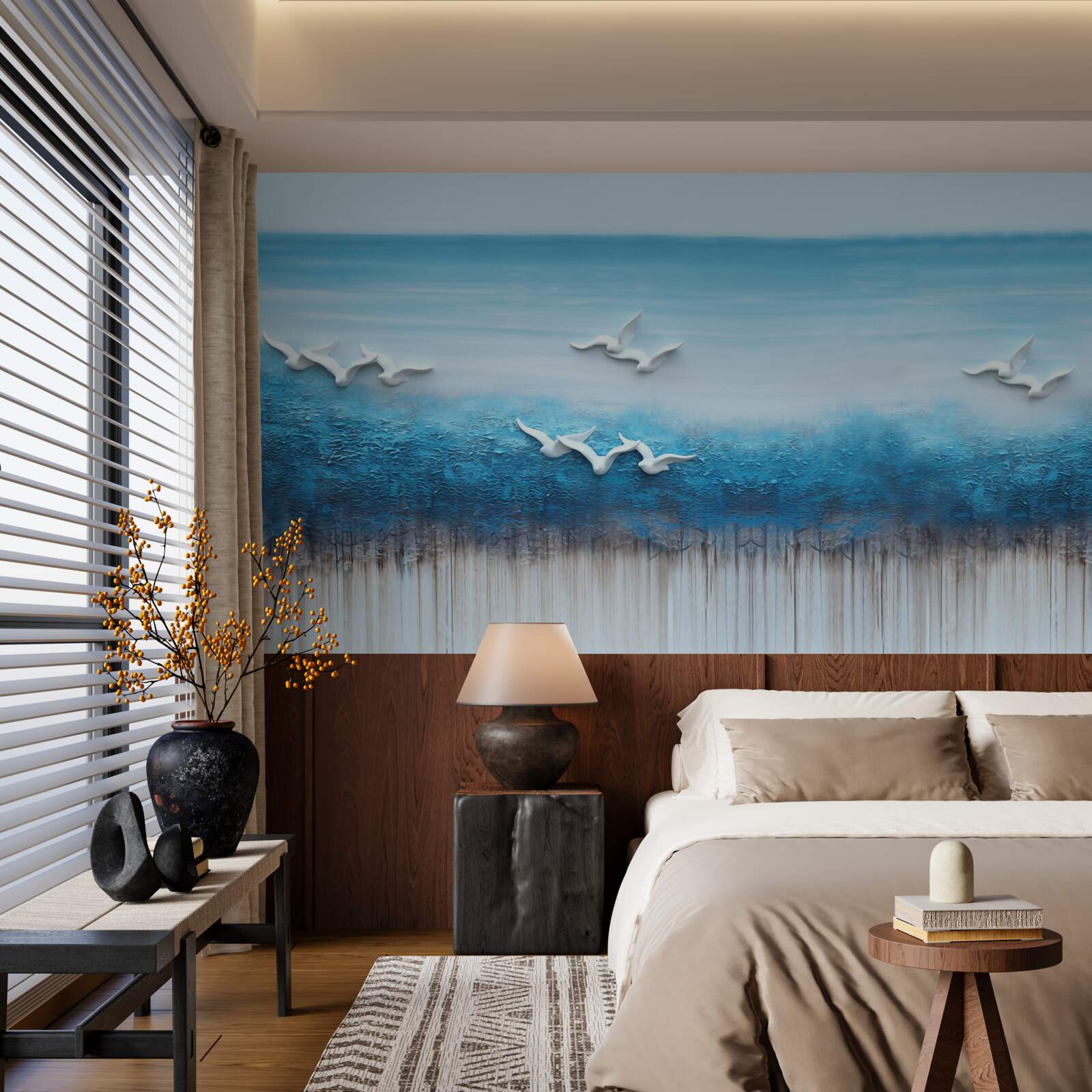 Fototapeta Snehobiele vtáky nad modrastými oblakmi