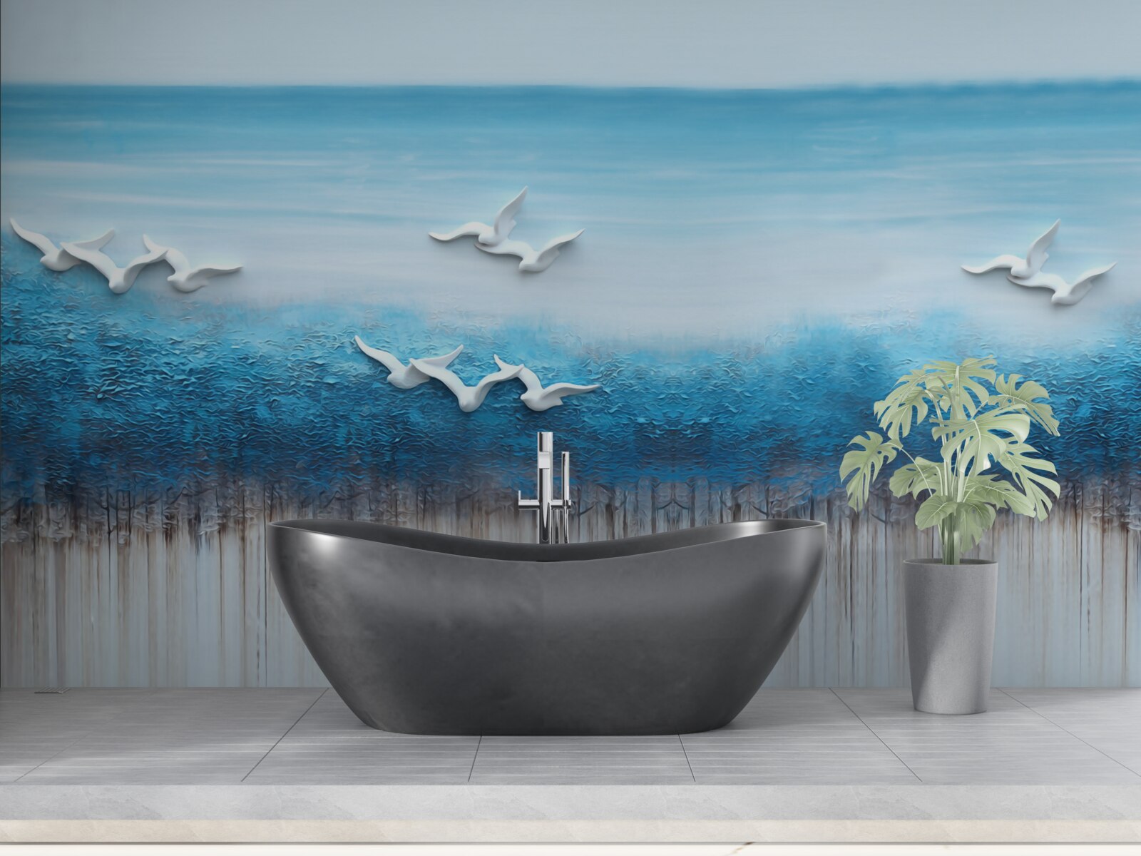 Fototapeta Snehobiele vtáky nad modrastými oblakmi