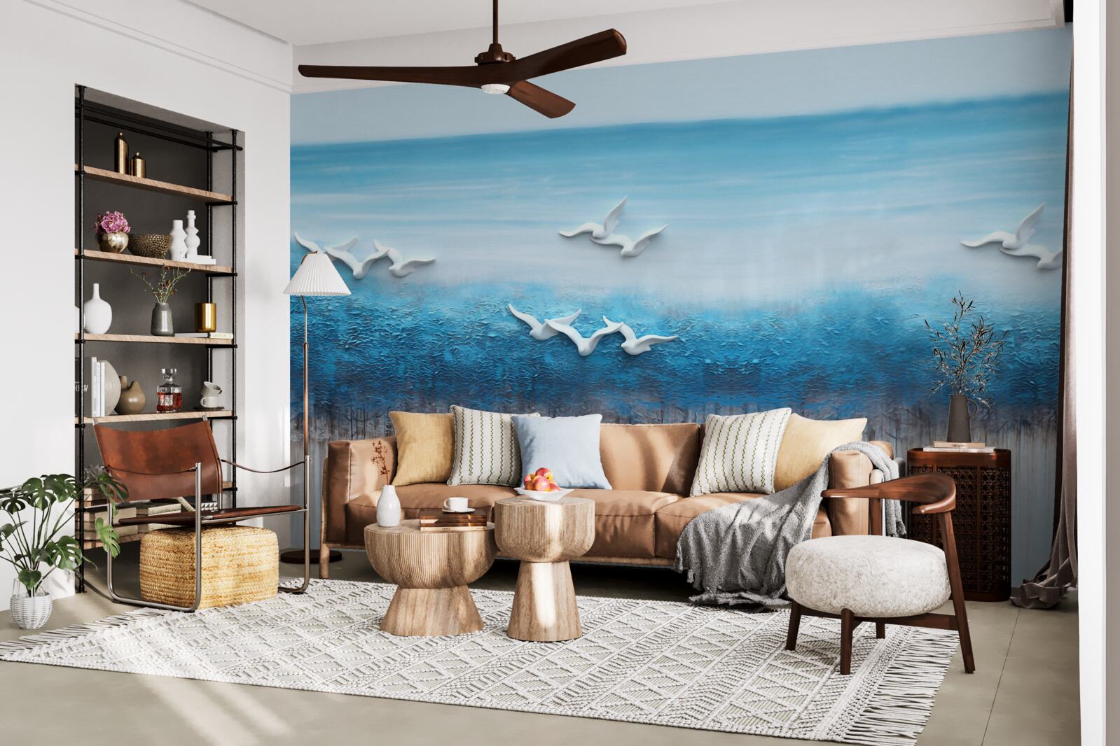 Fototapeta Snehobiele vtáky nad modrastými oblakmi