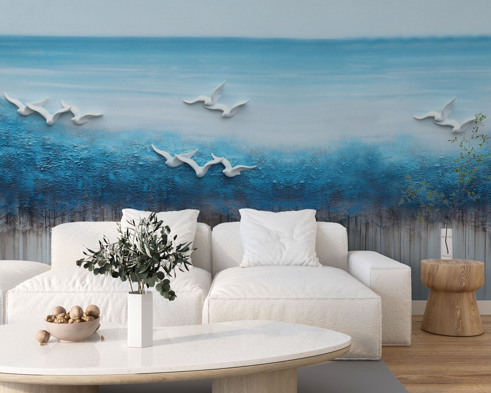 Fototapeta Snehobiele vtáky nad modrastými oblakmi