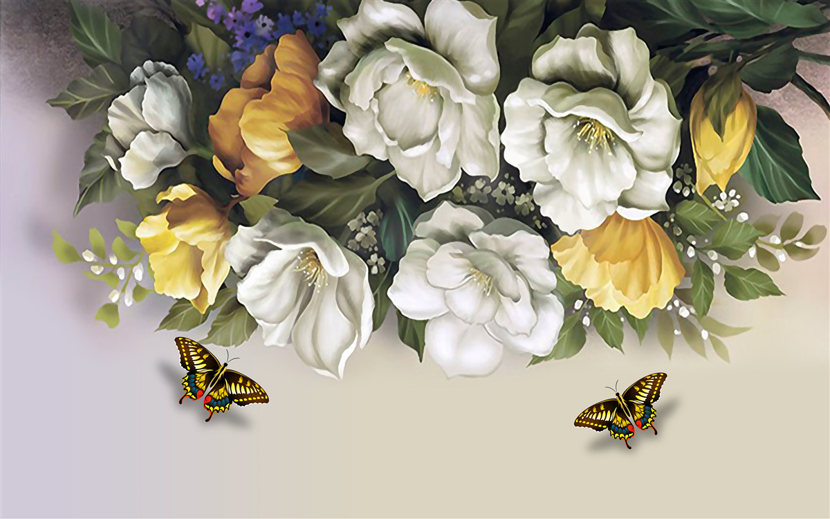 Fototapeta dva lepidoptera v bielych a žltých tulipánoch