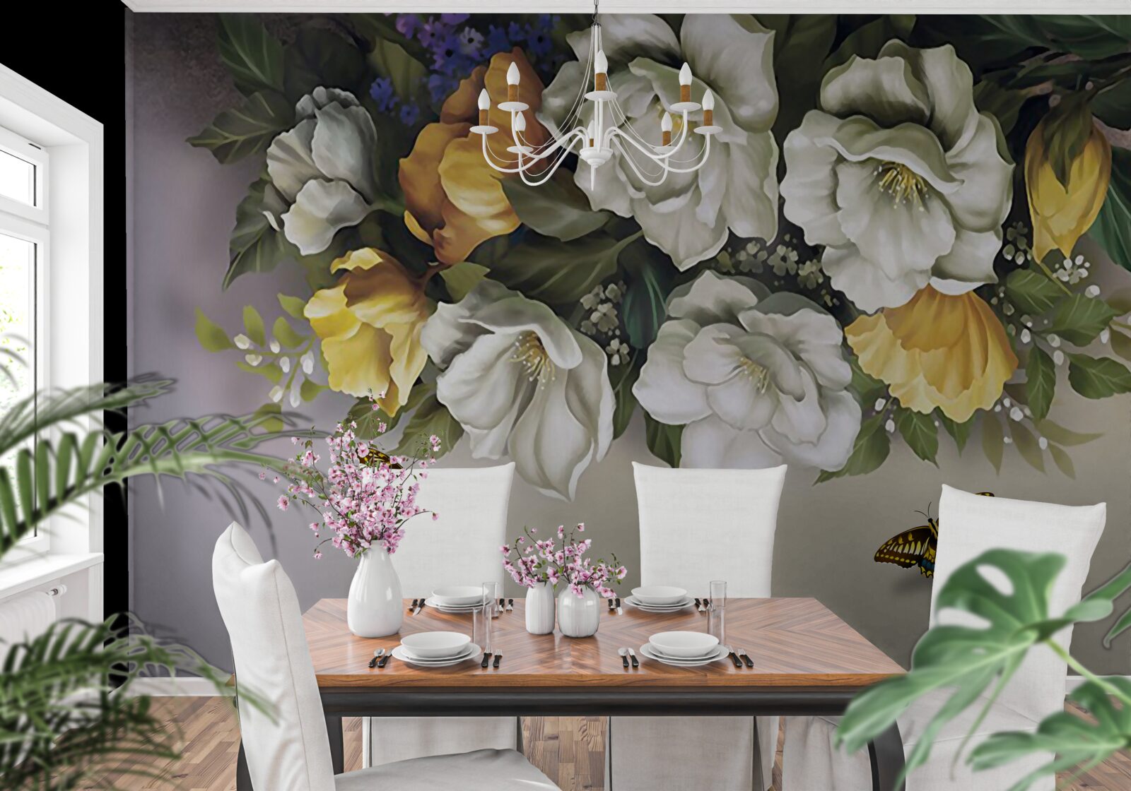 Fototapeta dva lepidoptera v bielych a žltých tulipánoch