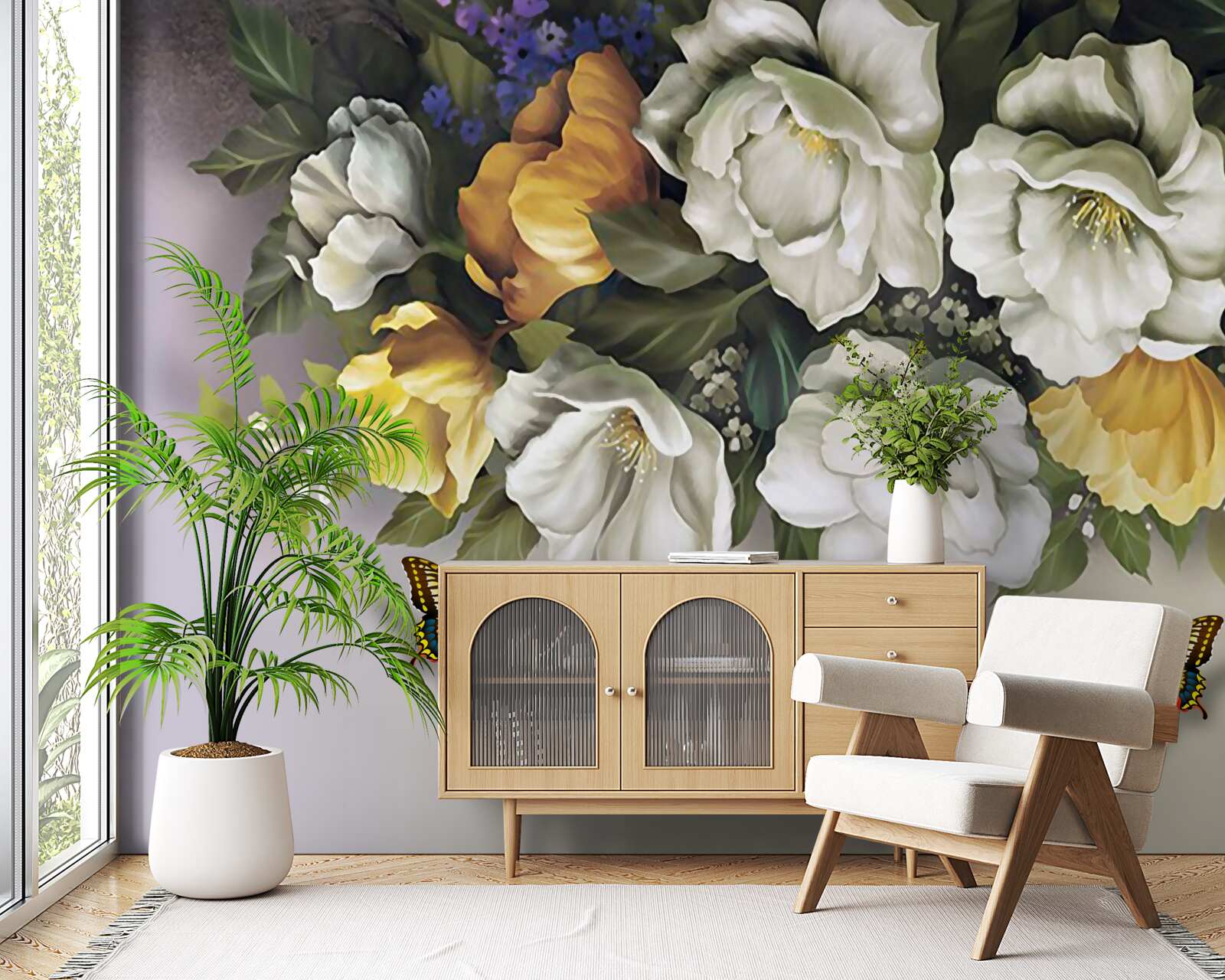 Fototapeta dva lepidoptera v bielych a žltých tulipánoch