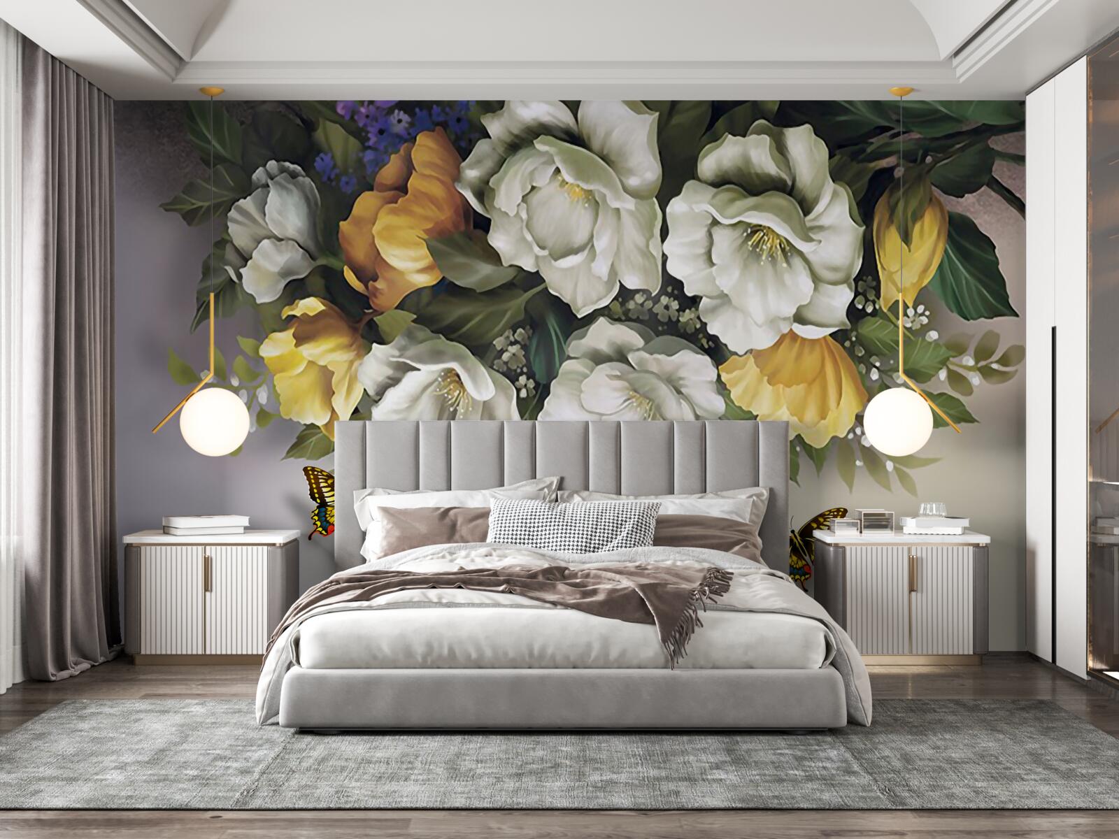 Fototapeta dva lepidoptera v bielych a žltých tulipánoch