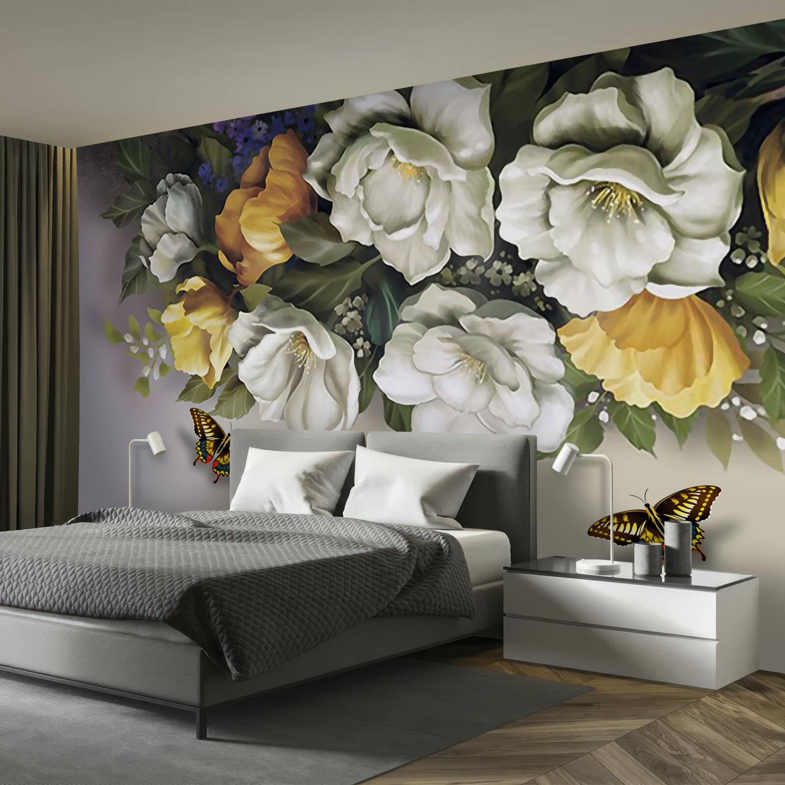 Fototapeta dva lepidoptera v bielych a žltých tulipánoch