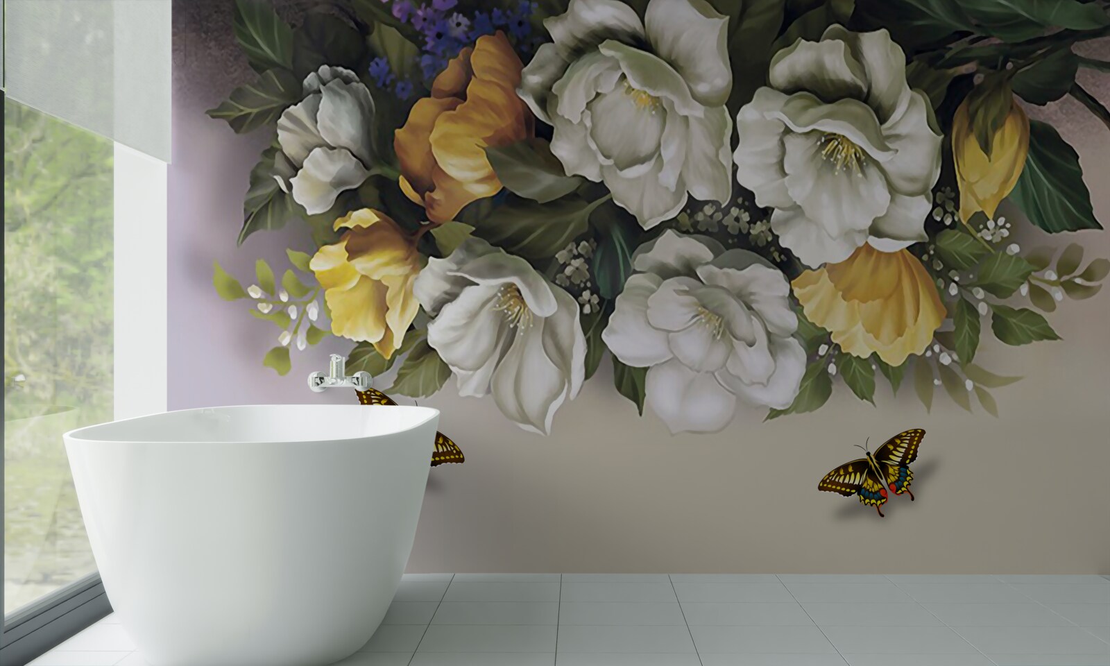 Fototapeta dva lepidoptera v bielych a žltých tulipánoch