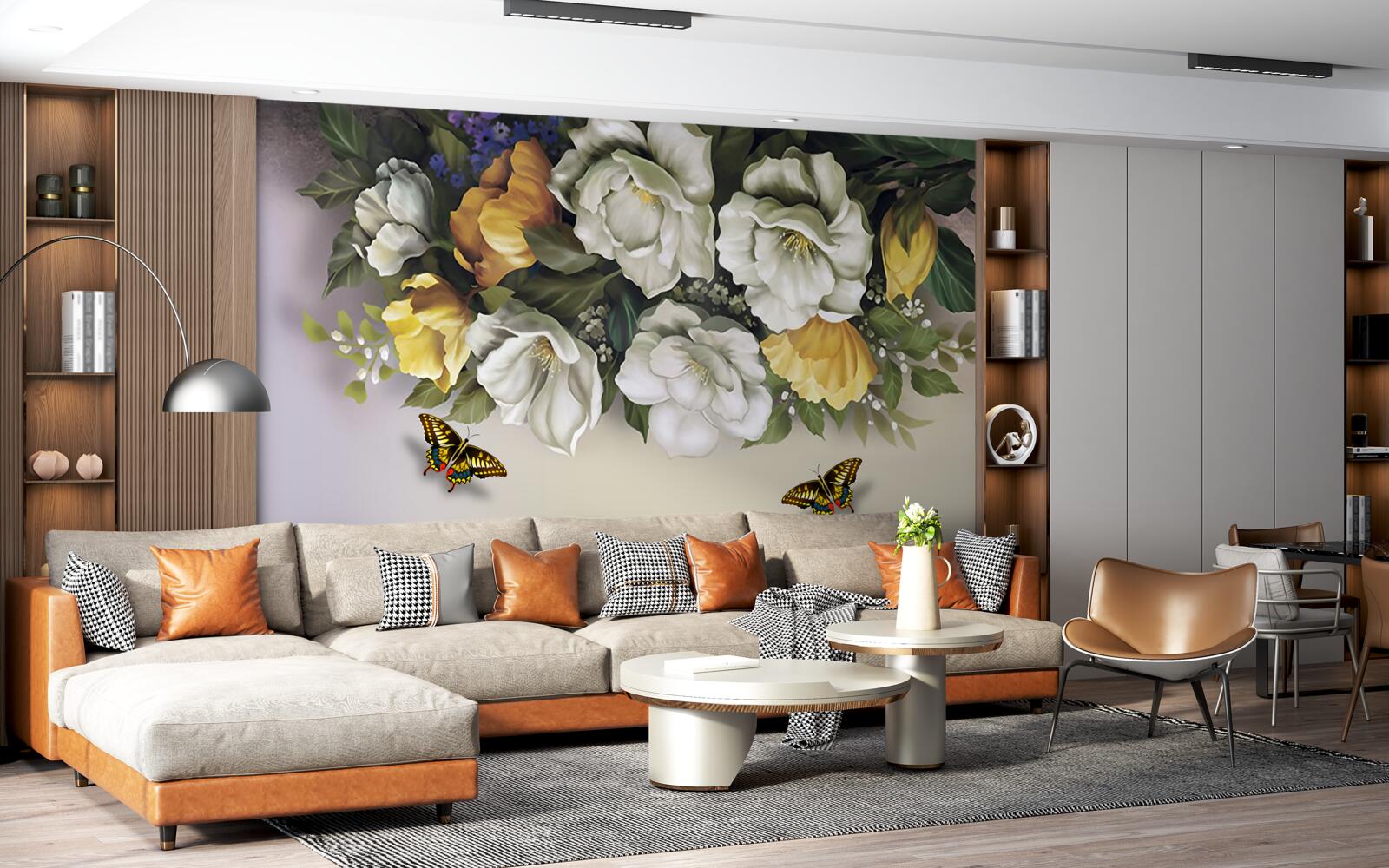 Fototapeta dva lepidoptera v bielych a žltých tulipánoch