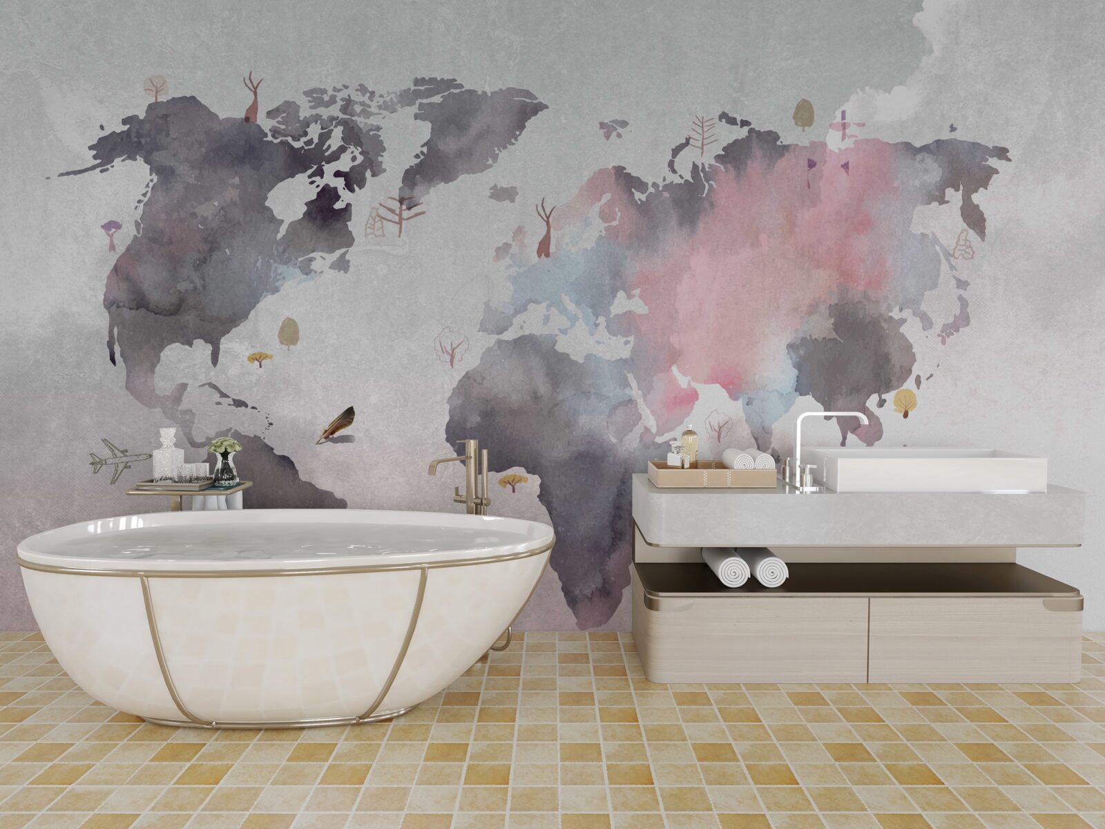 Fototapeta mapa sveta vyrobená akvarelom