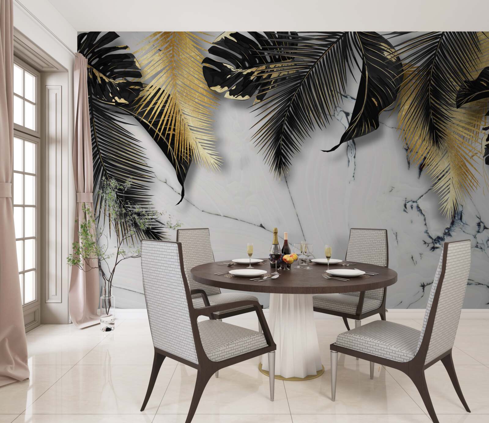 Fototapeta mramor je posiaty hnedými a čiernymi listami